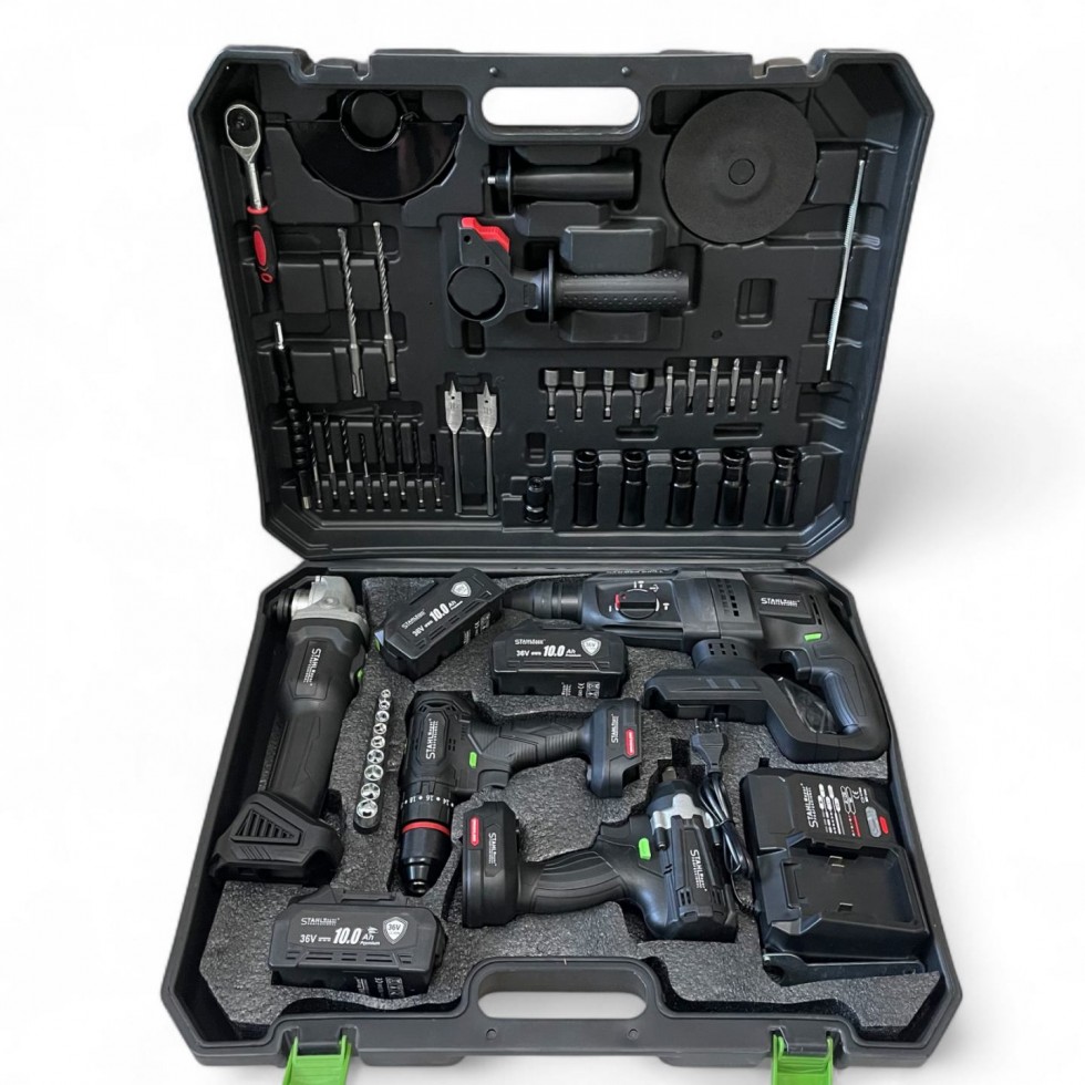 5в1 Акумулаторен Комплект Комбиниран Гайковерт/ Импакт, Акумулаторен Винтоверт, Акумулаторен Ъглошлайф, Акумулаторен Перфоратор и USB Лампа STAHLMAYER 36V 10AH + 50 части инструменти 5в1 Акумулаторен Комплект Комбиниран Гайковерт/ Импакт, Акумулаторен Винтоверт, Акумулаторен Ъглошлайф, Акумулаторен Перфоратор и USB Лампа STAHLMAYER 36V 10AH + 50 части инструменти