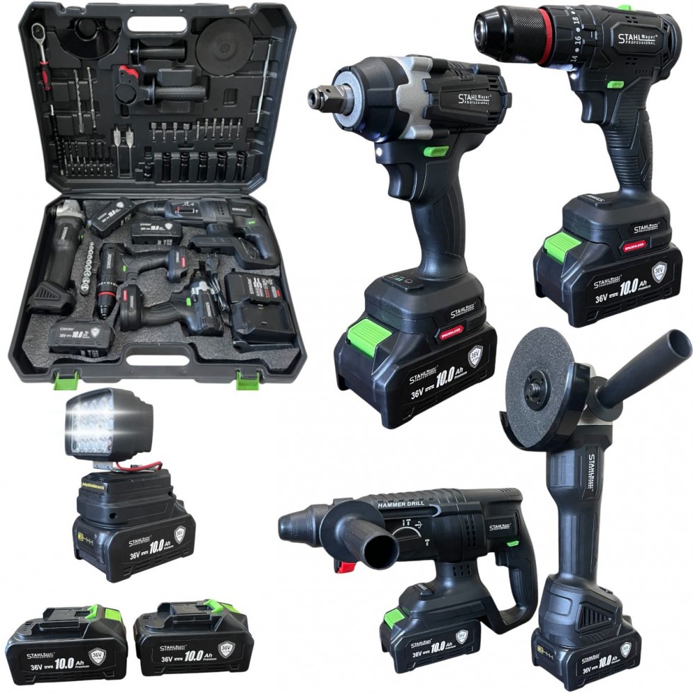 5в1 Акумулаторен Комплект Комбиниран Гайковерт/ Импакт, Акумулаторен Винтоверт, Акумулаторен Ъглошлайф, Акумулаторен Перфоратор и USB Лампа STAHLMAYER 36V 10AH + 50 части инструменти 5в1 Акумулаторен Комплект Комбиниран Гайковерт/ Импакт, Акумулаторен Винтоверт, Акумулаторен Ъглошлайф, Акумулаторен Перфоратор и USB Лампа STAHLMAYER 36V 10AH + 50 части инструменти