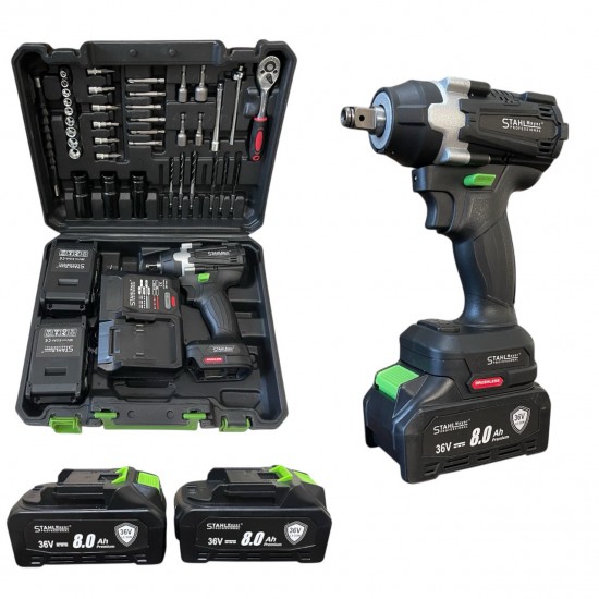 Ударен Гайковерт – Импакт (Винтоверт) 36V 8,0AH STAHLMAYER Акумулаторен + 40 Части Инструменти Ударен Гайковерт – Импакт (Винтоверт) 36V 8,0AH STAHLMAYER Акумулаторен + 40 Части Инструменти