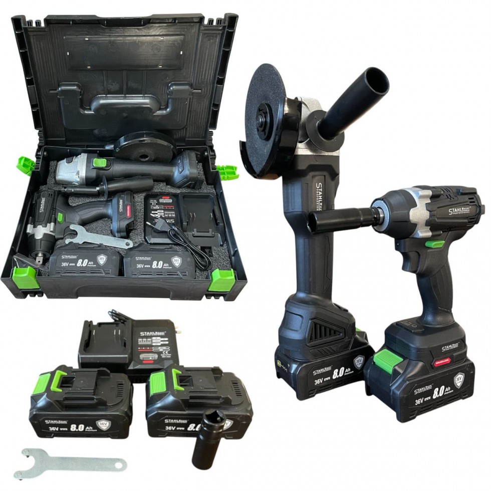 2в1 Ударен Гайковерт и Ъглошлайф 125мм 36V 8.0A STAHLMAYER Акумулаторен Промо Комплект 2в1 Ударен Гайковерт и Ъглошлайф 125мм 36V 8.0A STAHLMAYER Акумулаторен Промо Комплект