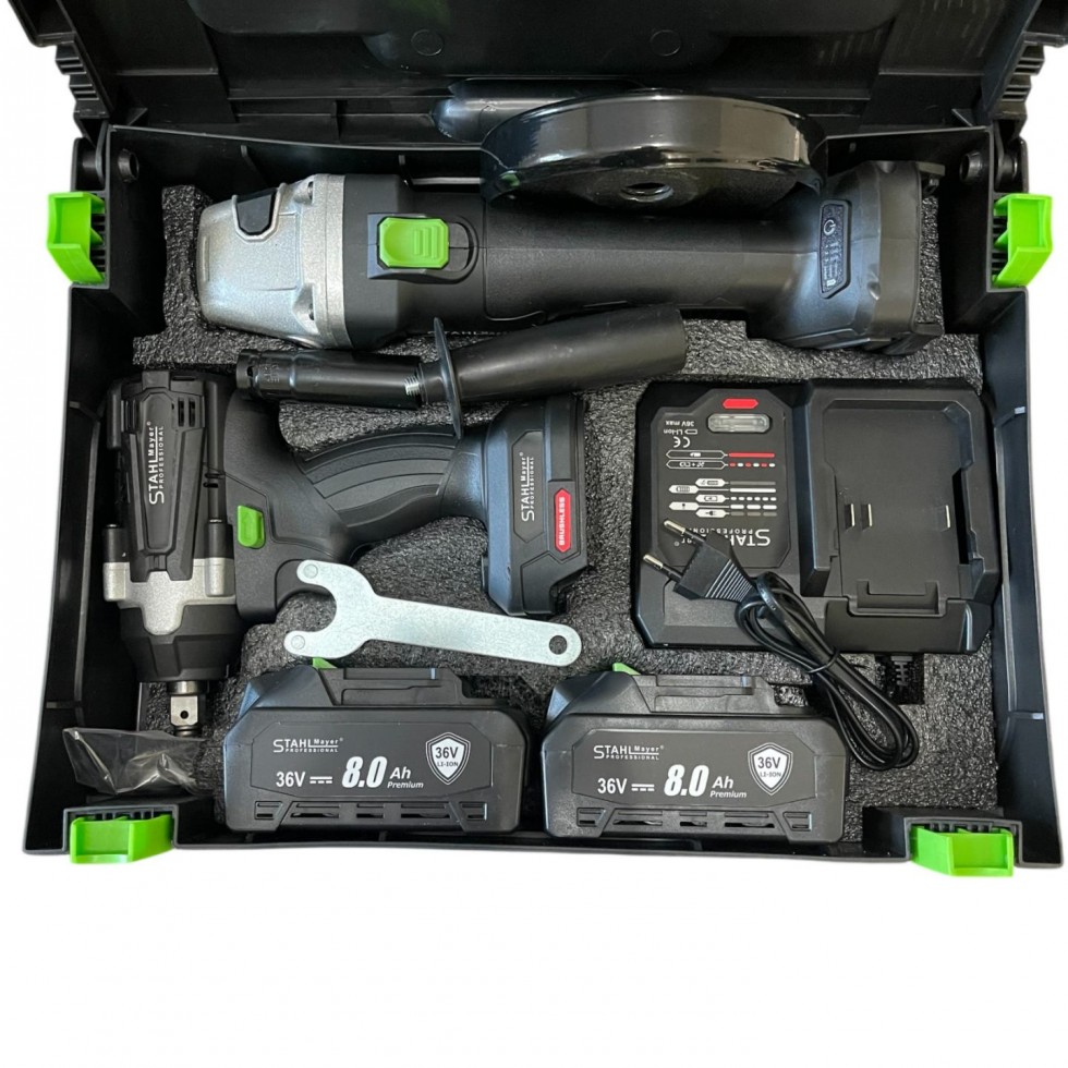 2в1 Ударен Гайковерт и Ъглошлайф 125мм 36V 8.0A STAHLMAYER Акумулаторен Промо Комплект 2в1 Ударен Гайковерт и Ъглошлайф 125мм 36V 8.0A STAHLMAYER Акумулаторен Промо Комплект