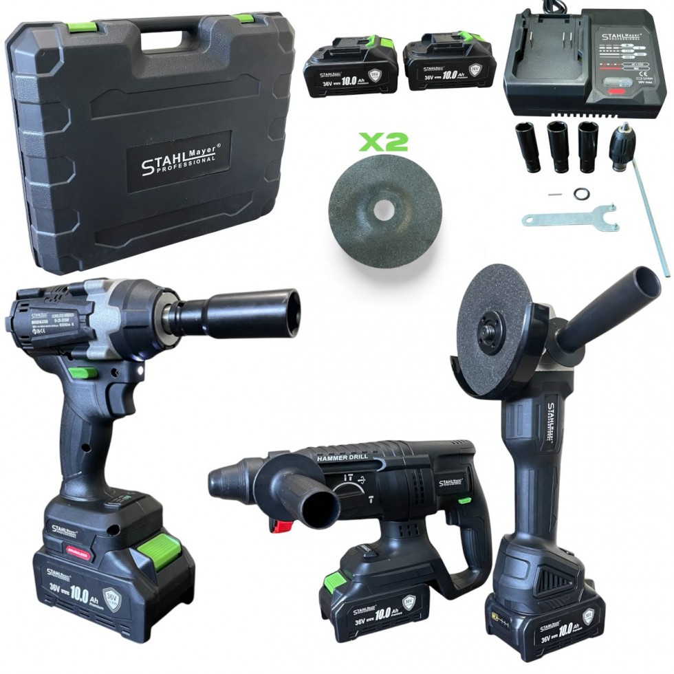 Акумулаторен Комплект 4в1 Гайковерт - Винтоверт Ъглошлайф и Пефоратор 36V 10AH STAHLMAYER Акумулаторен Комплект 4в1 Гайковерт - Винтоверт Ъглошлайф и Пефоратор 36V 10AH STAHLMAYER
