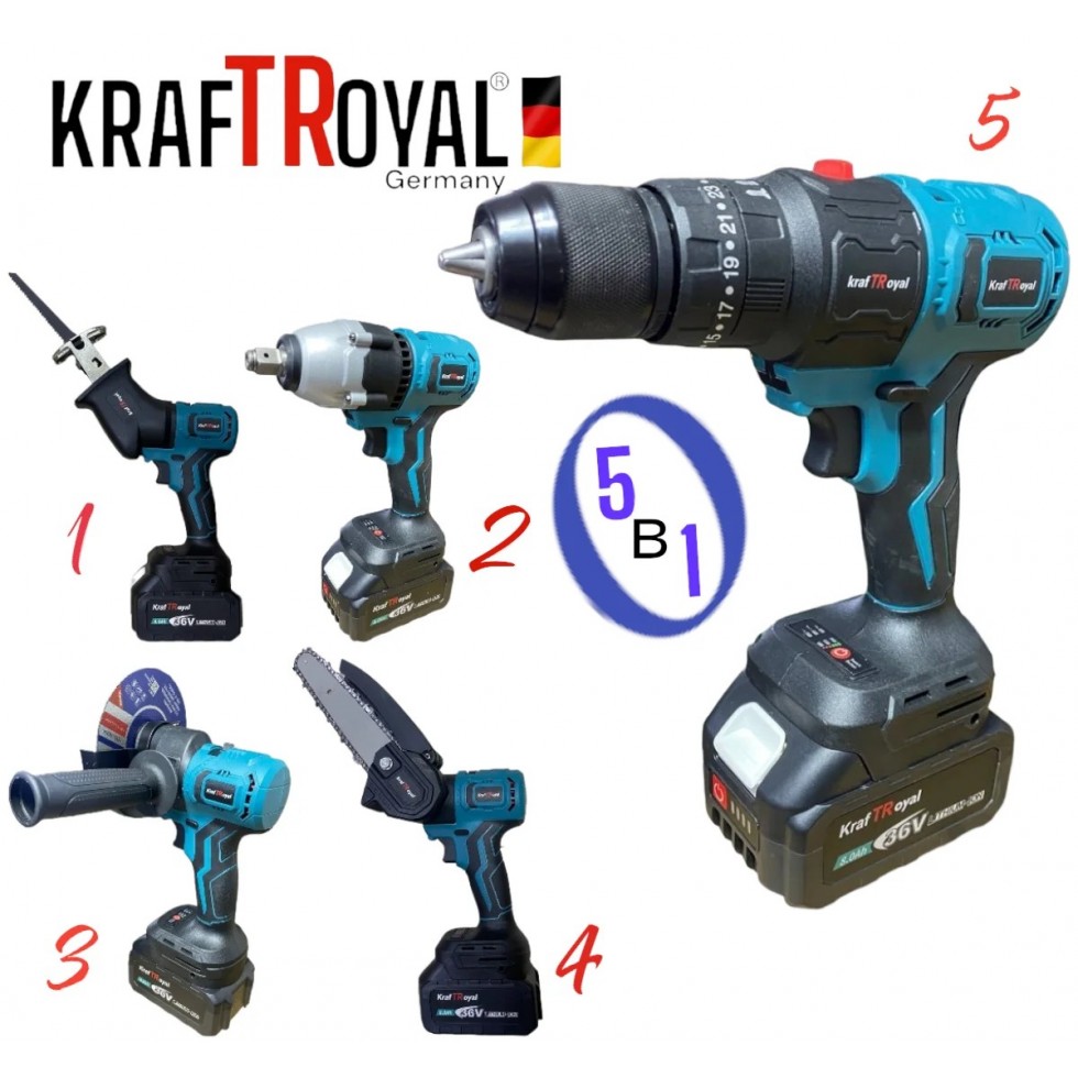 5в1 Мултифункционален Акумулаторен Инструмент 5 Глави 36V 8,0AH KRAFT ROYAL Винтоверт Гайковерт Саблен Трион Резачка за Клони и Ъглошлайф 5в1 Мултифункционален Акумулаторен Инструмент 5 Глави 36V 8,0AH KRAFT ROYAL Винтоверт Гайковерт Саблен Трион Резачка за Клони и Ъглошлайф