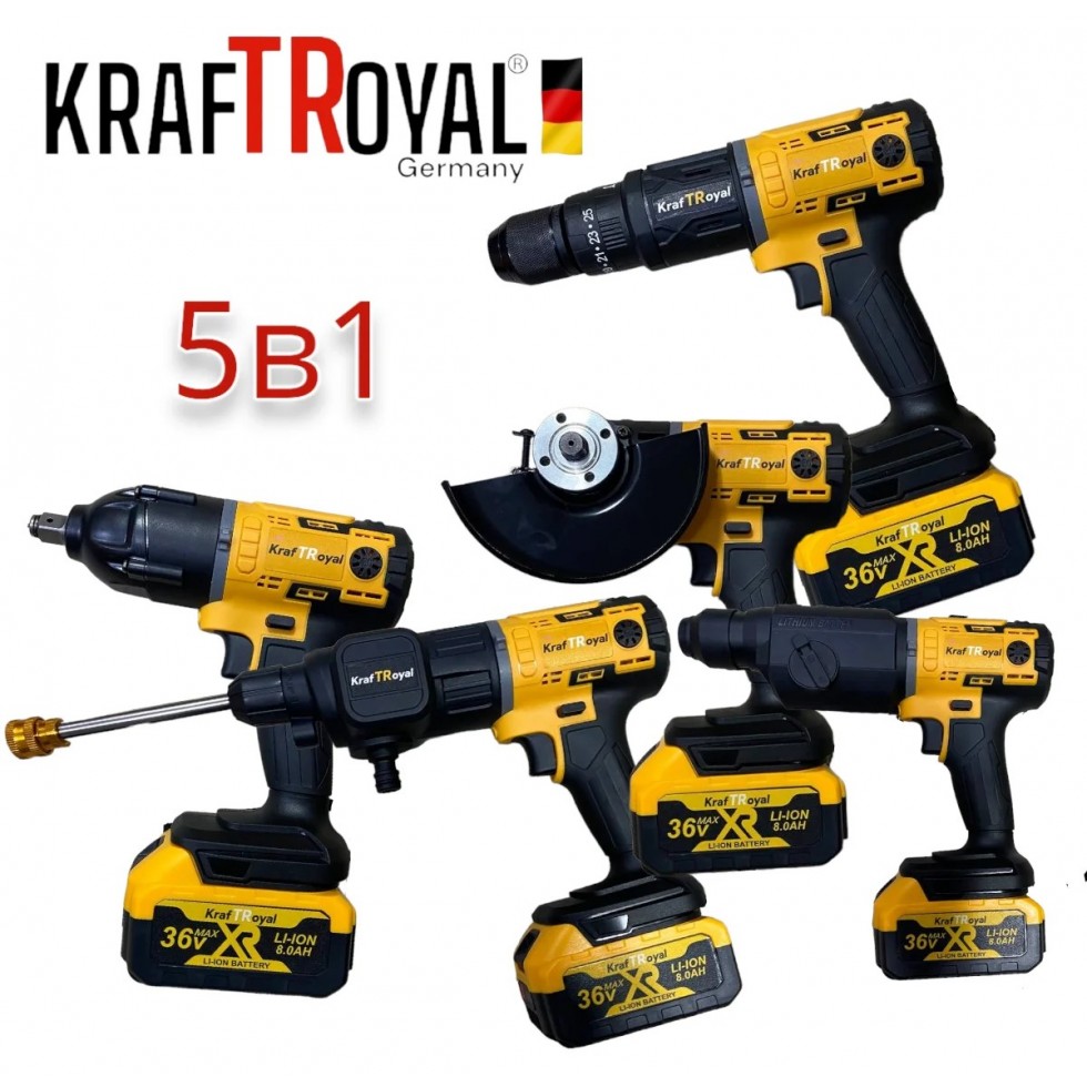Мултифункционален Инструмент 5 Сменяеми Глави Водоструйка Винтоверт Гайковерт-Импакт Перфоратор и Ъглошлайф Акумулаторен KRAFT ROYAL 36V 8,0AH 2х Батерии 5в1 Мултифункционален Инструмент 5 Сменяеми Глави Водоструйка Винтоверт Гайковерт-Импакт Перфоратор и Ъглошлайф Акумулаторен KRAFT ROYAL 36V 8,0AH 2х Батерии 5в1