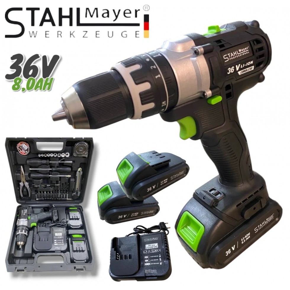 Безчетков Акумулаторен Винтоверт Ударен и Професионално Гедоре 108 части STAHLМAYER + 40 части Инструменти 36V 8,0AH Безчетков Акумулаторен Винтоверт Ударен и Професионално Гедоре 108 части STAHLМAYER + 40 части Инструменти 36V 8,0AH