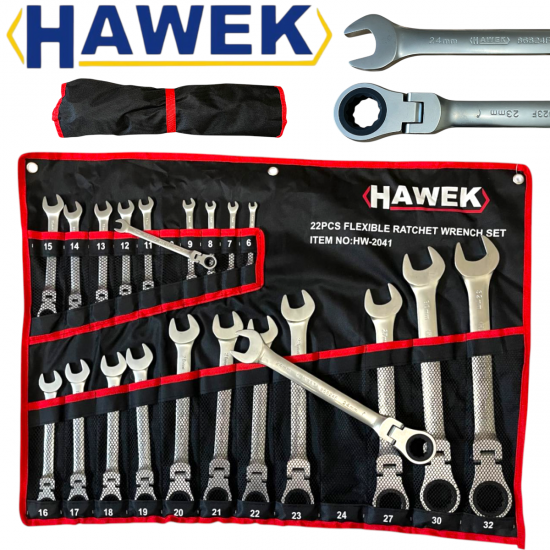 ЗВЕЗДОГАЕЧНИ ТРЕСЧОТНИ КЛЮЧОВЕ С ЧУПЕЩО РАМО 6-32 ММ 22 ЧАСТИ HAWEK