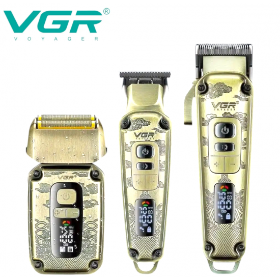 3в1 Професионален Комплект VGR V-642 Машинка за Подстригване Тример за Коса и Брада и Шейвър SHAVER Самобръсначка с 12 приставки Златен