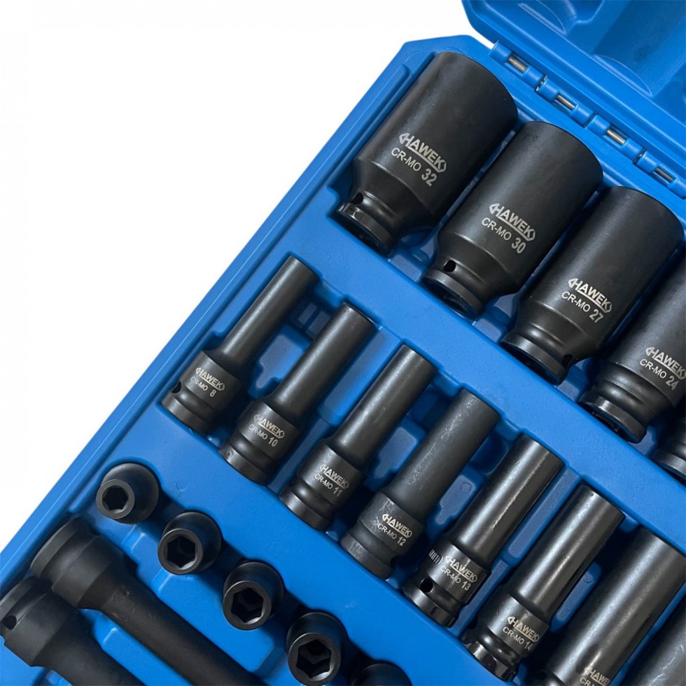 Професионален комплект ударни вложки и удължения 43части – 1/2' (Cr-Mo) , HAWEK , HW-2053 Професионален комплект ударни вложки и удължения 43части – 1/2' (Cr-Mo) , HAWEK , HW-2053