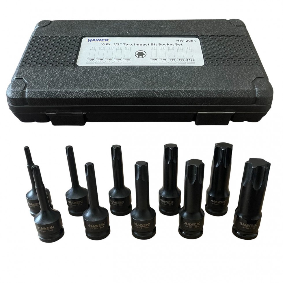 УДАРНИ БИТОВЕ КОМПЛЕКТ ВЛОЖКИ 1/2 – ТОРКС 10 ЧАСТИ HAWEK HW-2051 УДАРНИ БИТОВЕ КОМПЛЕКТ ВЛОЖКИ 1/2 – ТОРКС 10 ЧАСТИ HAWEK HW-2051