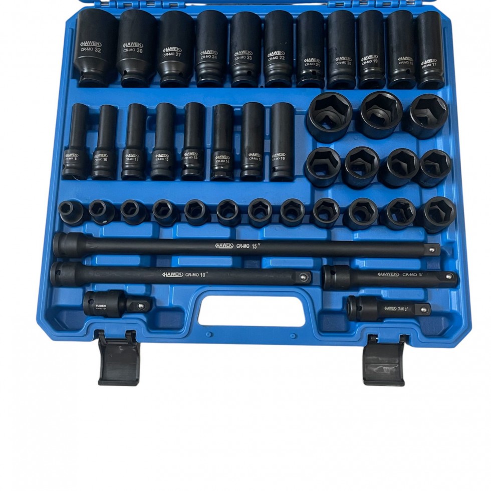 Професионален комплект ударни вложки и удължения 43части – 1/2' (Cr-Mo) , HAWEK , HW-2053 Професионален комплект ударни вложки и удължения 43части – 1/2' (Cr-Mo) , HAWEK , HW-2053
