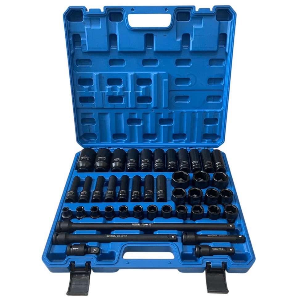 Професионален комплект ударни вложки и удължения 43части – 1/2' (Cr-Mo) , HAWEK , HW-2053 Професионален комплект ударни вложки и удължения 43части – 1/2' (Cr-Mo) , HAWEK , HW-2053