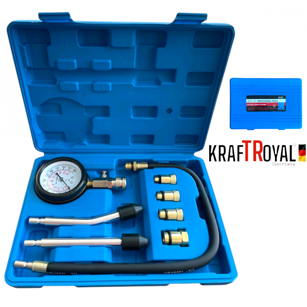 Тестер за Компресия за Бензинов Двигател 8 части Манометър за Компресия KRAFTROYAL Тестер за Компресия за Бензинов Двигател 8 части Манометър за Компресия KRAFTROYAL
