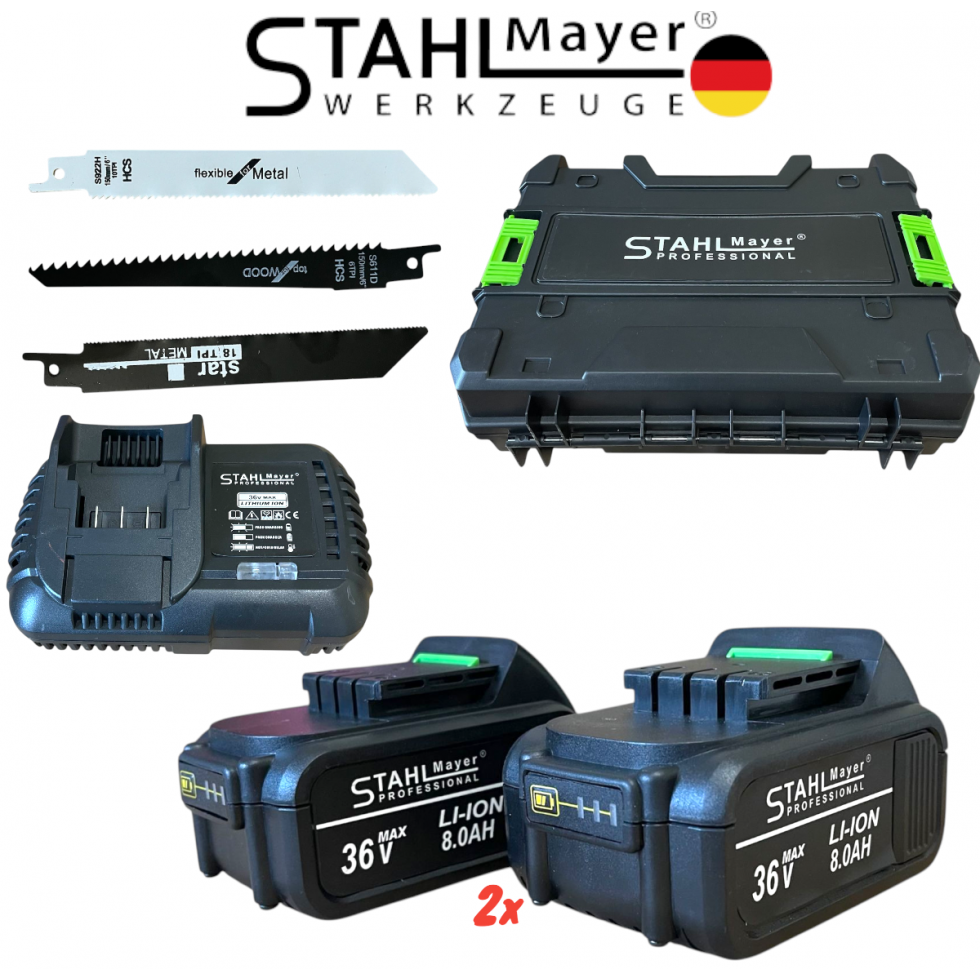 Саблен Трион Акумулаторен STAHLMAYER 36V 8.0AH за Метал Желязко Дърво Пласмата Месо Кости и др. с 2 батерии Безжичен Прав Трион за Рязане Саблен Трион Акумулаторен STAHLMAYER 36V 8.0AH за Метал Желязко Дърво Пласмата Месо Кости и др. с 2 батерии Безжичен Прав Трион за Рязане