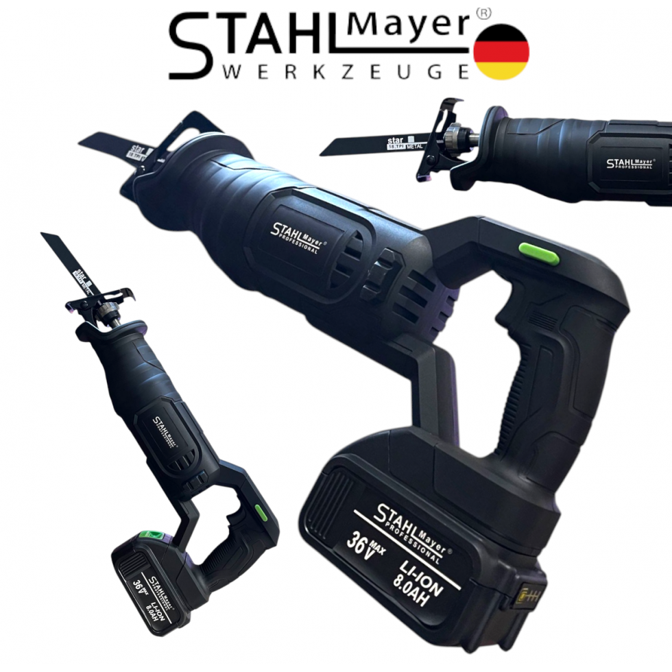 Саблен Трион Акумулаторен STAHLMAYER 36V 8.0AH за Метал Желязко Дърво Пласмата Месо Кости и др. с 2 батерии Безжичен Прав Трион за Рязане Саблен Трион Акумулаторен STAHLMAYER 36V 8.0AH за Метал Желязко Дърво Пласмата Месо Кости и др. с 2 батерии Безжичен Прав Трион за Рязане