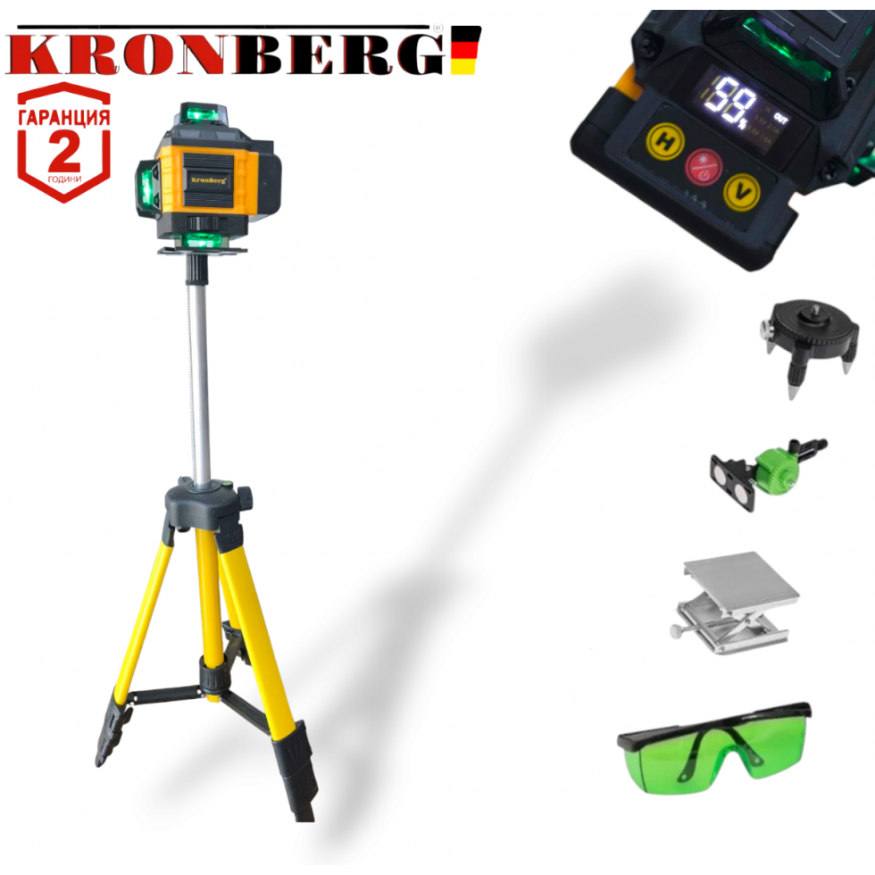 4D Лазерен Нивелир с 16 линии KRONBERG 4Д със сензор индикация на батерия + тринога 4D Лазерен Нивелир с 16 линии KRONBERG 4Д със сензор индикация на батерия + тринога