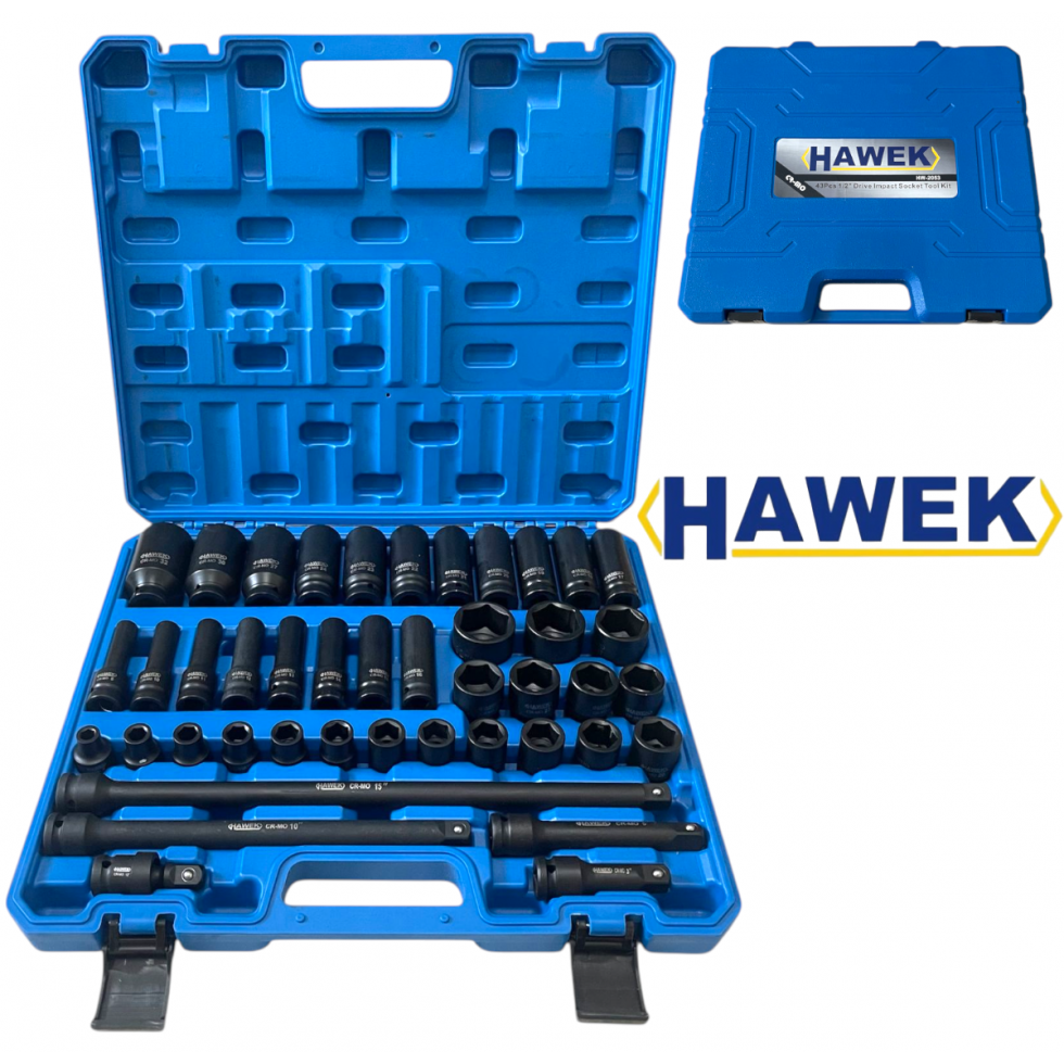 Професионален комплект ударни вложки и удължения 43части – 1/2' (Cr-Mo) , HAWEK , HW-2053 Професионален комплект ударни вложки и удължения 43части – 1/2' (Cr-Mo) , HAWEK , HW-2053
