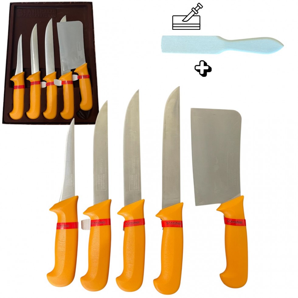 Комплект Професионални Месарски Ножове и Сатър 5 броя STAHLMAYER Exclusive  + Подарък
