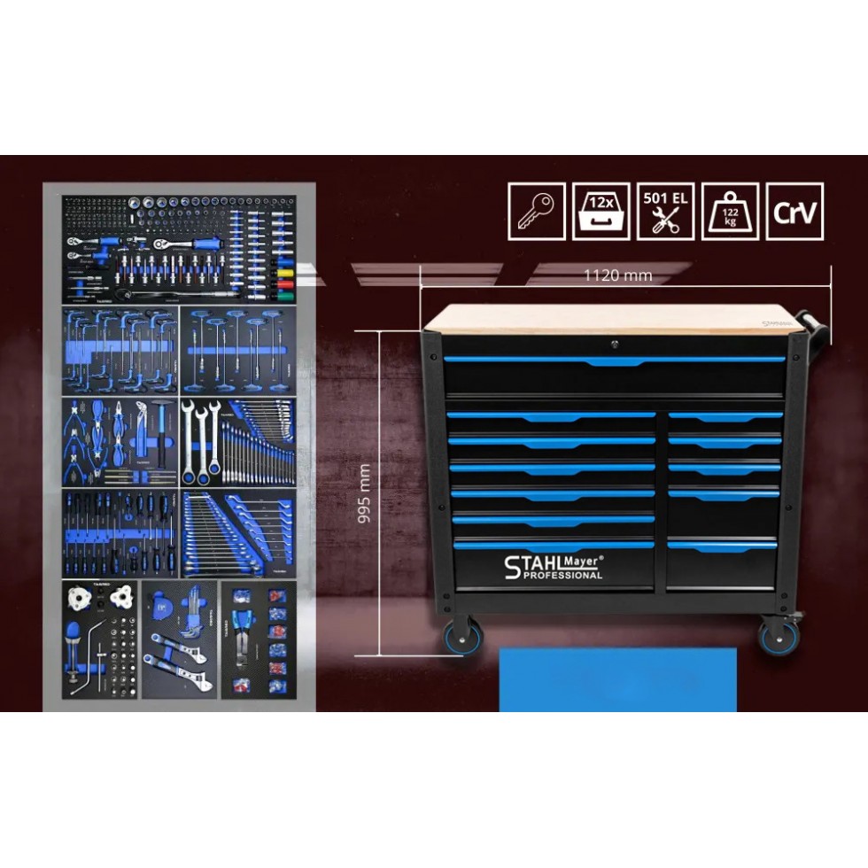 Количка с Инструменти STAHLMAYER JUMBO XXL 501 части Професионален Шкаф с Инструменти 12 чекмеджета Количка с Инструменти STAHLMAYER JUMBO XXL 501 части Професионален Шкаф с Инструменти 12 чекмеджета