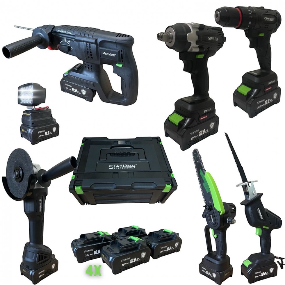 7в1 АКУМУЛАТОРЕН КОМПЛЕКТ ПЕРФОРАТОР ВИНТОВЕРТ ГАЙКОВЕРТ ЪГЛОШЛАЙФ САБЛЕН ТРИОН РЕЗАЧКА С ОМАСЛЯВАНЕ И LED ЛАМПА 36V 10AH 4 БАТЕРИИ И ЧАСТИ В КУФАР STAHLMAYER BLACK 7в1 АКУМУЛАТОРЕН КОМПЛЕКТ ПЕРФОРАТОР ВИНТОВЕРТ ГАЙКОВЕРТ ЪГЛОШЛАЙФ САБЛЕН ТРИОН РЕЗАЧКА С ОМАСЛЯВАНЕ И LED ЛАМПА 36V 10AH 4 БАТЕРИИ И ЧАСТИ В КУФАР STAHLMAYER BLACK