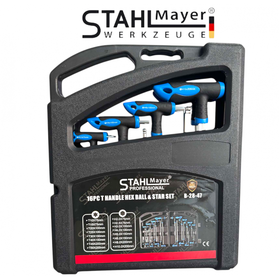 КОМПЛЕКТ ШЕСТОГРАМИ И ТОРКСОВЕ С РЪКОХВАТКА 16 ЧАСТИ STAHLMAYER КОМПЛЕКТ ШЕСТОГРАМИ И ТОРКСОВЕ С РЪКОХВАТКА 16 ЧАСТИ STAHLMAYER