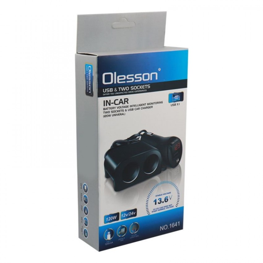 Разклонител за запалка Olesson, 2 гнезда, 1 USB, вграден ВОЛТМЕТЪР Разклонител за запалка Olesson, 2 гнезда, 1 USB, вграден ВОЛТМЕТЪР