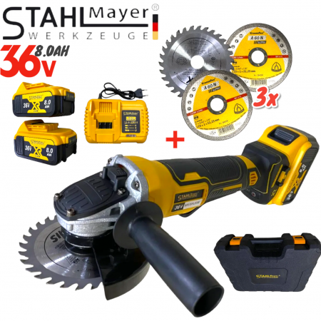  Акумулаторен Ъглошлайф 36V 8,0AH 125mm с ПОДАРЪК 3 броя диск за дърво безчетков