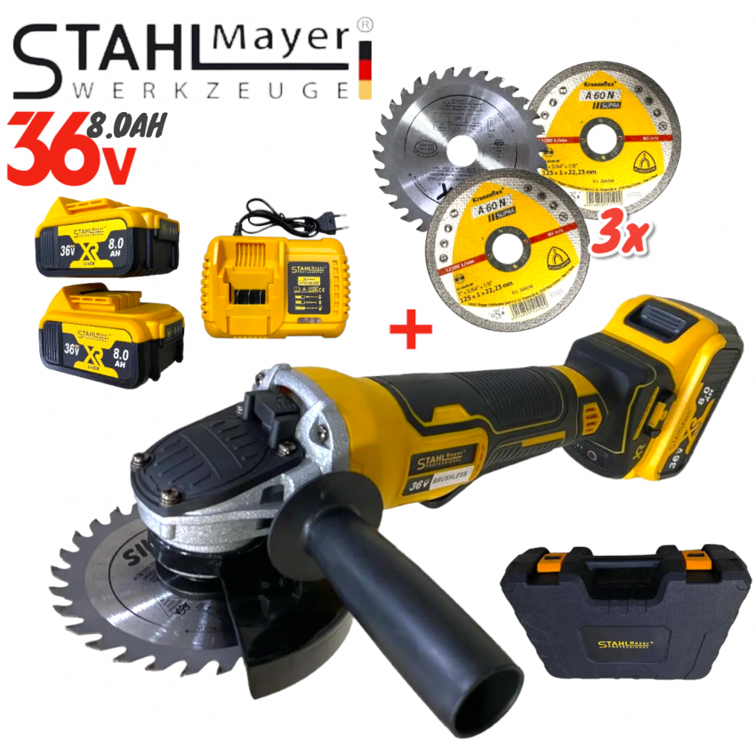 Акумулаторен Ъглошлайф 36V 8,0AH 125mm с ПОДАРЪК 3 броя диск за дърво безчетков Акумулаторен Ъглошлайф 36V 8,0AH 125mm с ПОДАРЪК 3 броя диск за дърво безчетков
