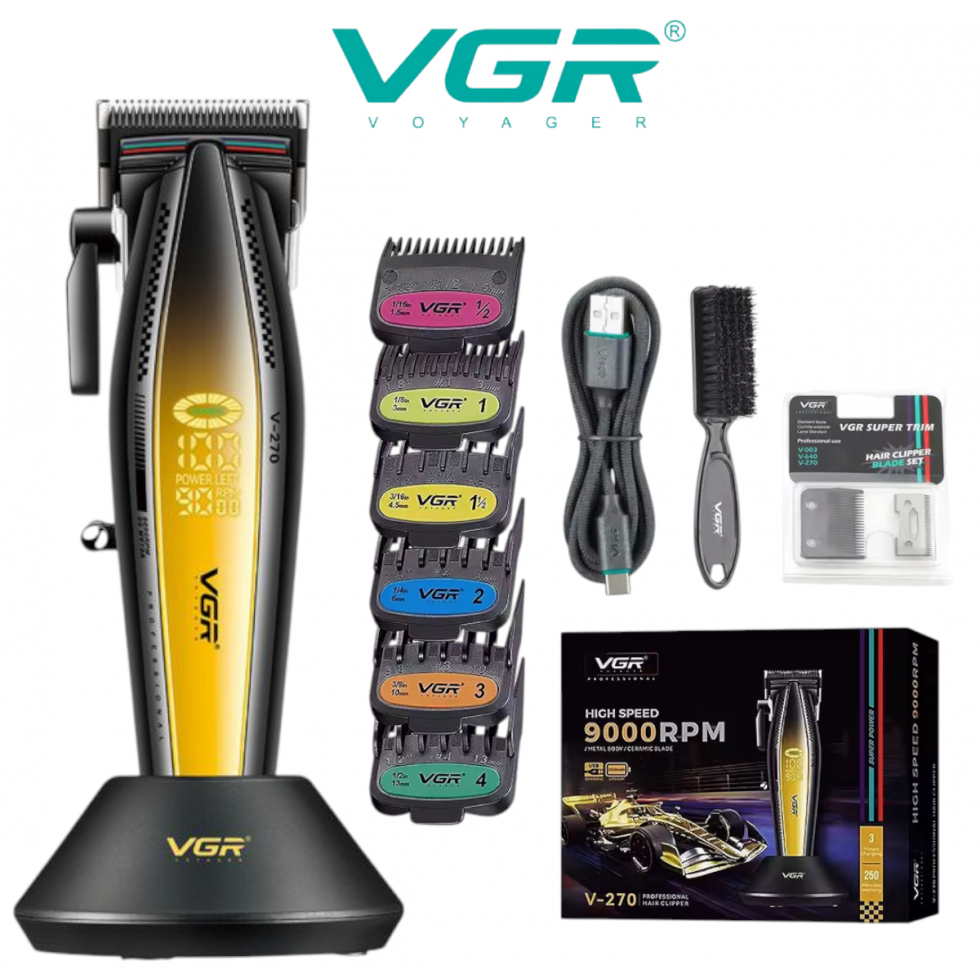 Машинка за Подстригване за Коса и Брада VGR V-270 Професионална Високоскоростна с Керамично Острие и LED дисплей FS-20528Жълт и Син Цвят