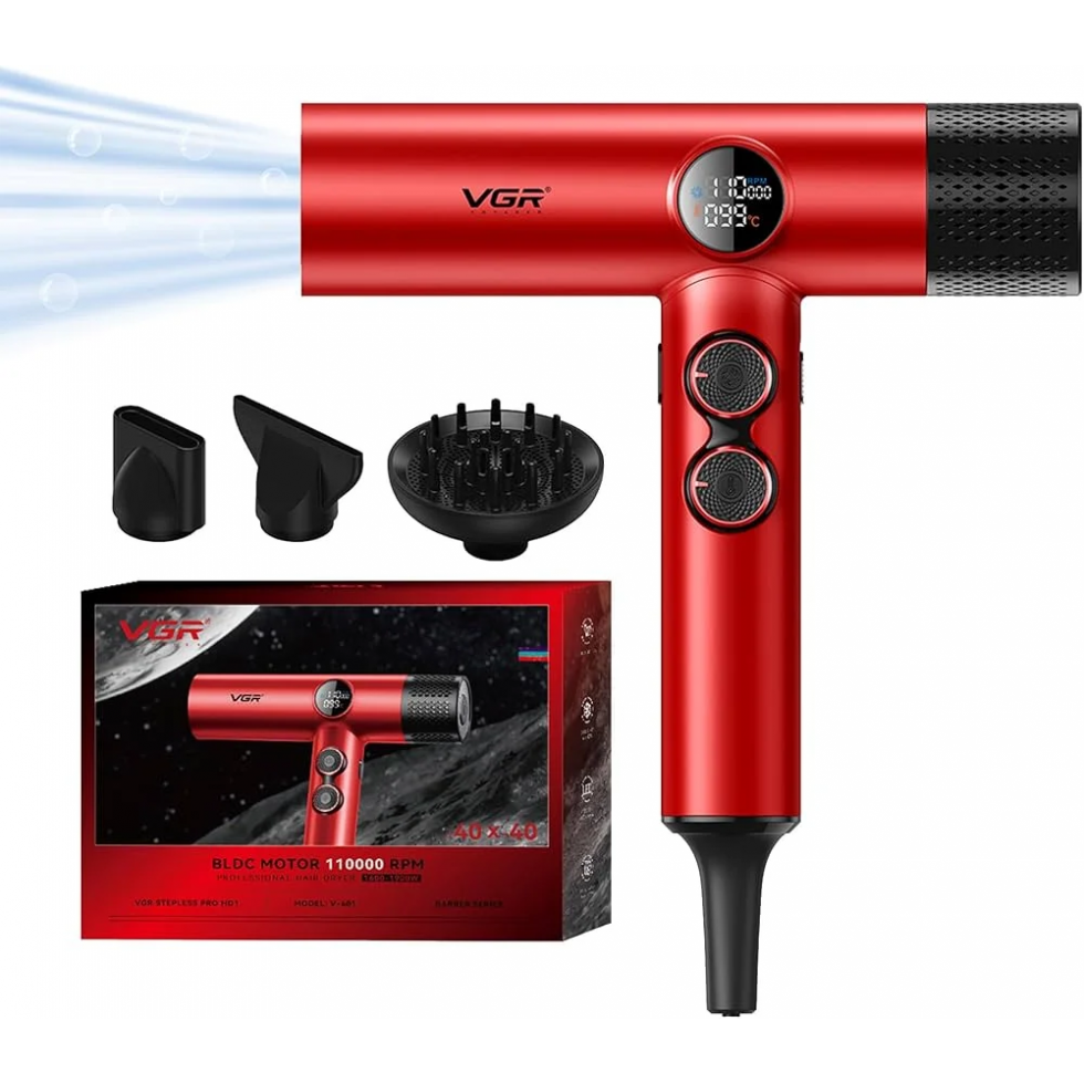 Сешоар Професионален VGR V-401 с LED Дисплей Черен и Червен с Дисплей Турбо Сешоар